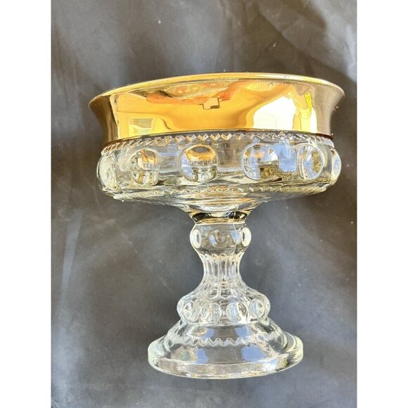 Vintage Indiana Glass Kings Crown Gold Rim Thumbprint Compote Serveware Dish - Picture 2 of 12